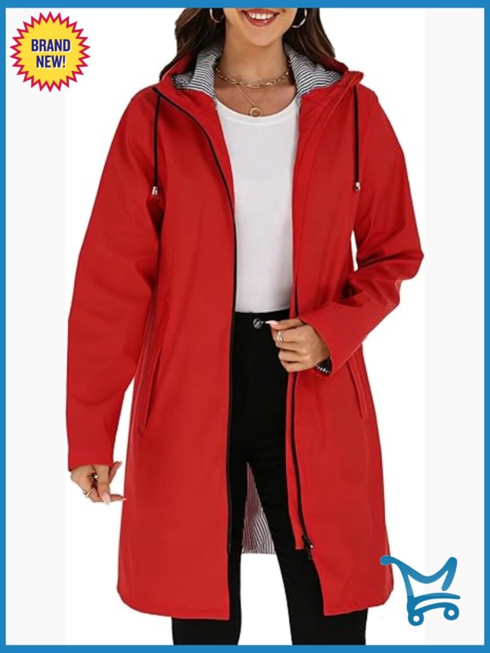 Women's Waterproof Long Raincoat with Hooded Lightweight Windbreaker Jacket